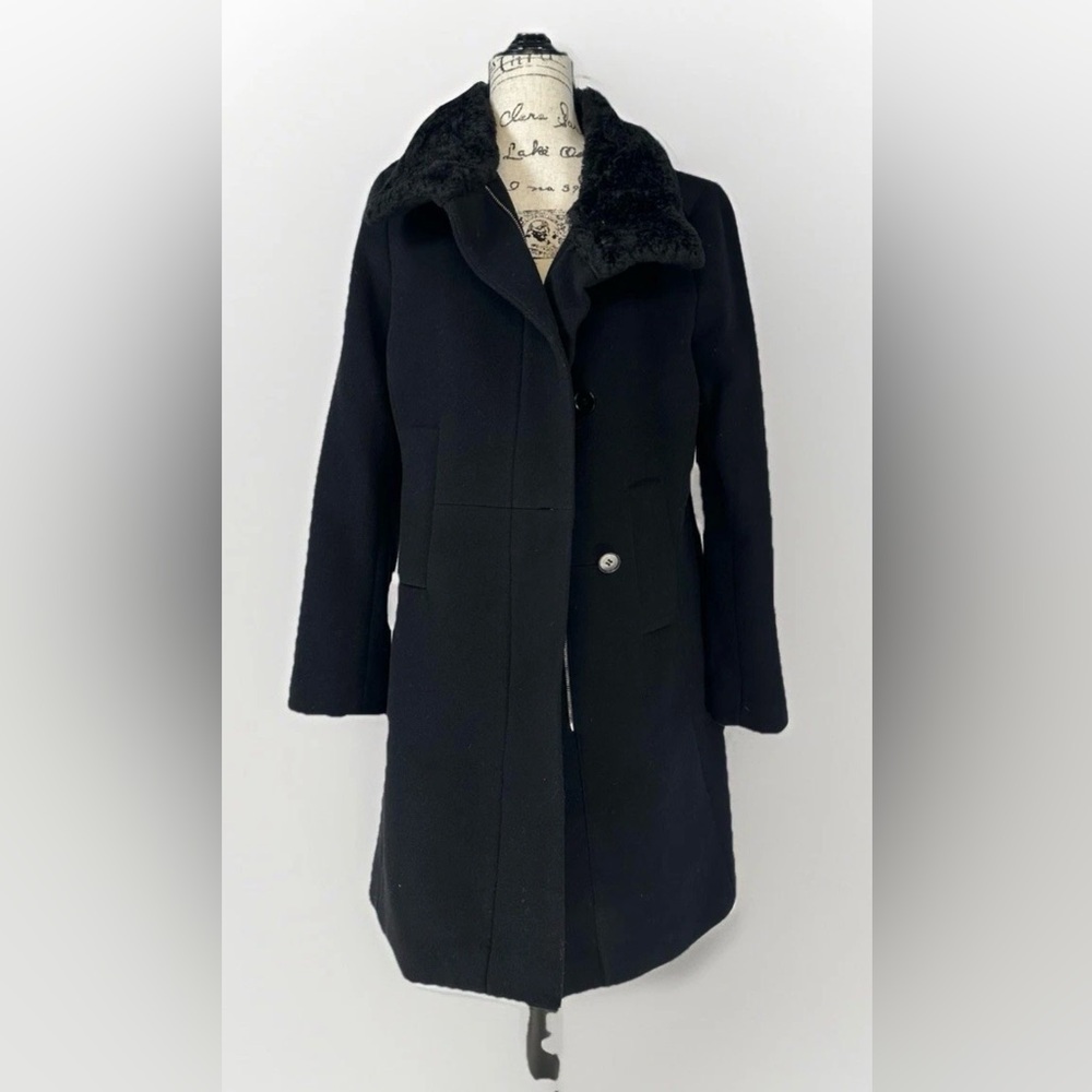 Talbots Women Black Wool Blend Faux Fur Collar Zip Coat Overcoat 12 Classic